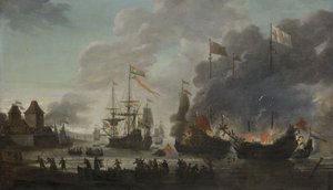 De Nederlanders verbranden Engelse schepen tijdens de expeditie naar Chatham, 20 juni 1667 (Aanval op de Medway), ca. 1667